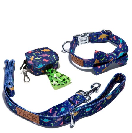 Pack Leashes dinosaur print leash, bowtie collar, and matching poop bag holder