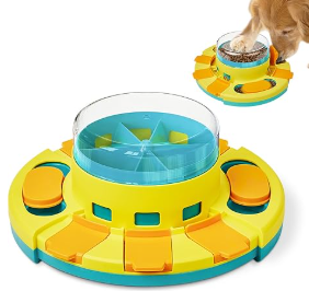 Yellow and teal Potaroma dog puzzle toy with food compartments and sliding covers